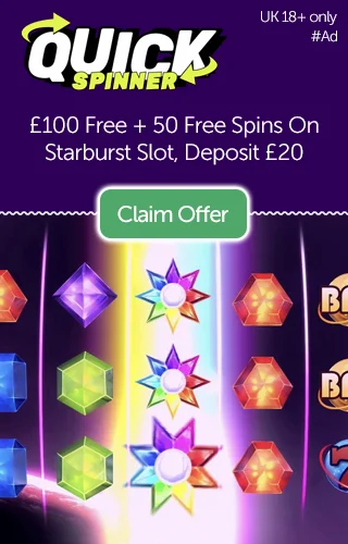 Quickspinner: £100 Free Plus 50 Free Spins On Starburst Slot, Deposit £20
