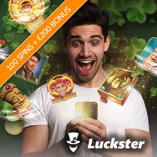 A Man Playing a Multitude of Popular Slots With a Banner Promoting 100 Free Spins and £200 in Bonus Credit From Luckster
