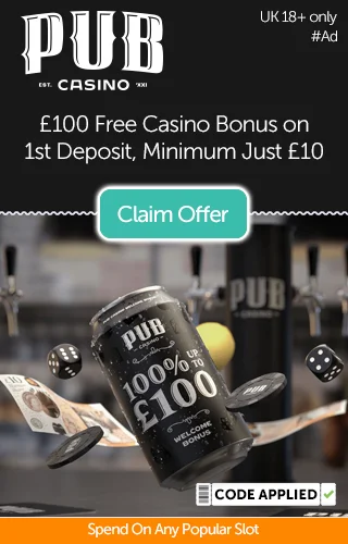 Pub Casino logo with a suspended beer can and casino symbols around it—with a promo for £100 free casino bonus on your first deposit with a minimum deposit of just £10 Pub Casino logo with a suspended beer can and casino symbols around it—with a promo for £100 free casino bonus on your first deposit with a minimum deposit of just £10