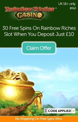 The Rainbow Riches Logo With A Promo For 30 Free Wager-Free Spins On Rainbow Riches Slot—With A Picture Of A Pot Of Gold And The Rainbow Riches Backdrop