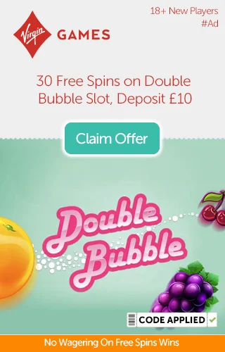 Double Bubble slot logo with fruit icons, Virgin Games logo and promo text for 30 free spins with no wagering on Double Bubble slot when you deposit £10