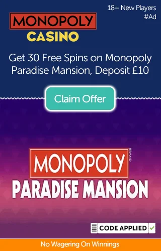 Monopoly Paradise Mansion Logo With 30 Free Spins, No Wagering Required, Promotional Text