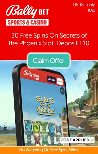 Bally Bet Sports &Amp; Casino Logo With A Promo For 30 Free Spins On Secrets Of The Phoenix When You Deposit £10 With No Wagering Requirements And An Image Of A Mobile Phone Displaying The Game Secrets Of The Phoenix On It.