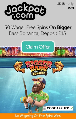 Bigger Bass Bonanza logo with fisherman protagonist with a promotional offer of 50 wager-free spins on Bigger Bass Bonanza when you deposit £15 at Jackpot.com