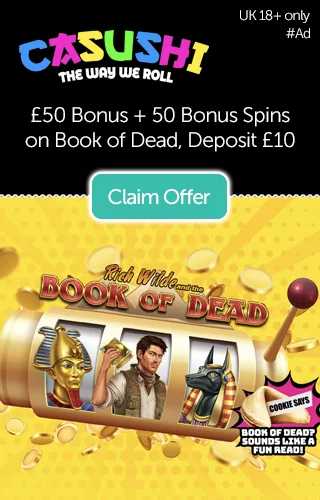 50 Free Spins on Book of Dead Slot and £50 Free in Bonus Credit