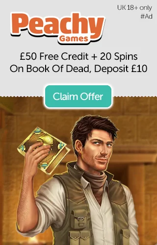 £50 Free Bonus Credit And 20 Extra Free Spins On Book Of Dead Slot Game From Peachy Games