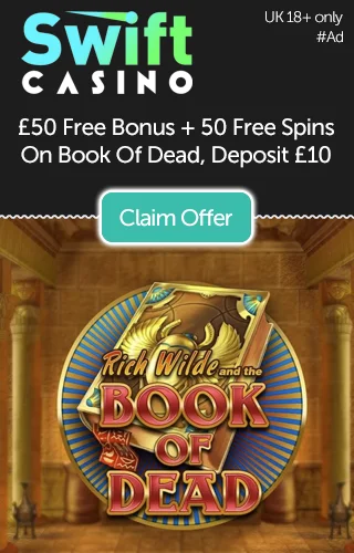 Get £50 Free and 50 Free Spins on Book of Dead Slot When You Deposit £10 at Swift Casino