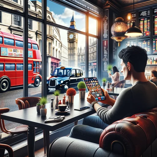 A Man Playing At An Online Casino Whilst In A London Cafe