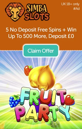 5 Free No Deposit Spins on Fruit Party Slot When You Verify Your Card with Simba Slots
