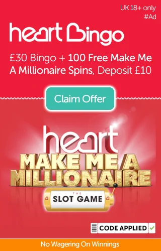 Heart Bingo's Make Me A Millionaire 100 Free Spins Plus £30 Free Bingo Promo