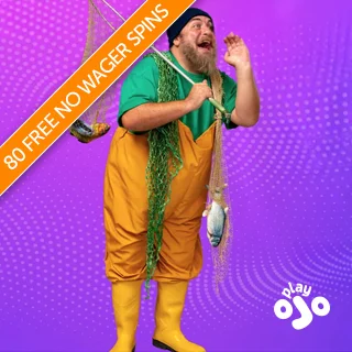 Fisherman from PlayOJO TV ad campaign holding a fishing net and shouting about the 80 free spins with no wagering deal available for £10