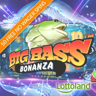 Big Bass Bonanza logo with fish in the background, with Lottoland logo below, and a banner promoting 50 free no wager spins