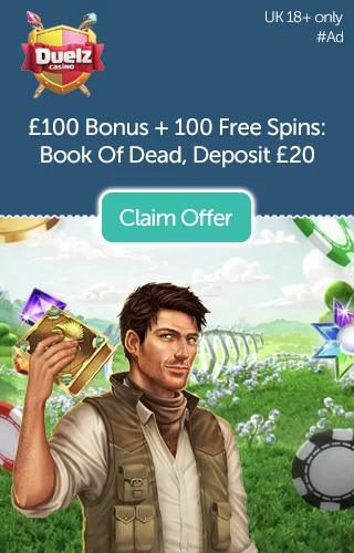 Claim £100 Free Bonus plus 100 Free Spins on Book of Dead Slot from Duelz Casino for UK Players
