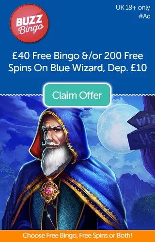 £40 Free Bingo and/or 200 Free Spins on Blue Wizard, You Choose Thanks to Buzz Bingo