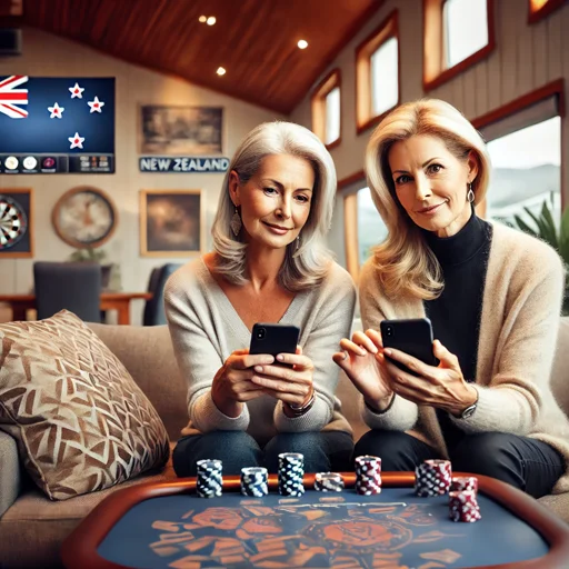 Two New Zealand Ladies Playing At An Online Casino On Their Mobile Phones