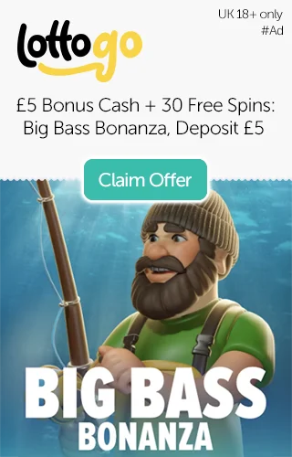 Deposit £5 and Get £5 in Bonus Cash + 33 Spins on Big Bass Bonanza from LottoGo