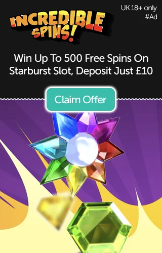 Up to 500 Free Spins to Be Won on Starburst When You Deposit £10 and Spin the Wheel at Incredible Spins
