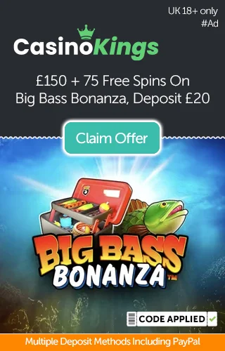 Big Bass Bonanza logo with tackle box, fish head and promo text for £150 free plus 75 free spins on Big Bass Bonanza when you deposit £20 at Casino Kings