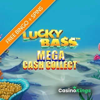 Lucky Bass: Mega Cash Collect Slot Logo Overlaying an Under the Sea Scene from the Game with Casino Kings Logo