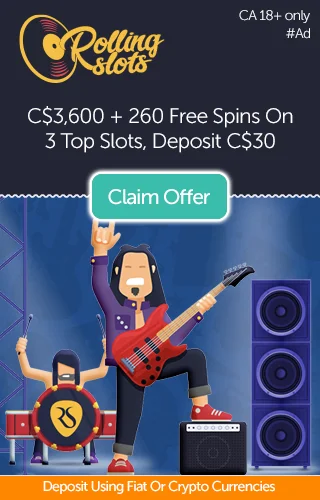Image Showing Rolling Slots Band With The Promo C$3600 +260 Free Spins
