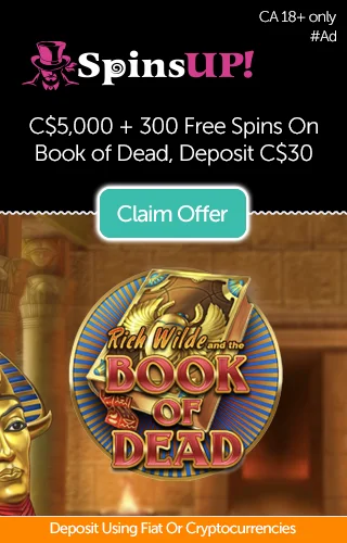 Book of Dead slot logo set over a tomb background with a promo for $5,000 CAD plus 300 free spins on Book of Dead from Spins Up Casino for Canadian players