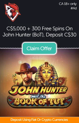 C$5,000 + 300 Free Spins To Use On John Hunter Book Of Tut From Rooster Bet