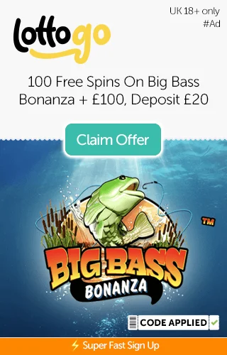 Big Bass Bonanza logo with LottoGo logo and promotional text for 100 free spins on Big Bass Bonanza plus up to £100 when you deposit £20. Big Bass Bonanza logo with LottoGo logo and promotional text for 100 free spins on Big Bass Bonanza plus up to £100 when you deposit £20.