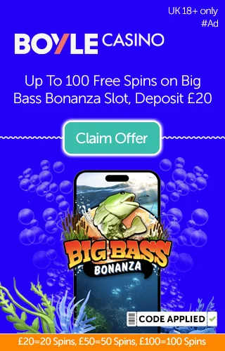 Big Bass Bonanza logo displayed over a mobile phone screen with promo for 100 free spins on Big Bass Bonanza when you deposit from £20 from Boyle Casino