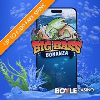 Big Bass Bonanza displayed on a mobile phone with Boyle Casino logo and a banner promoting up to 100 free spins on Big Bass Bonanza