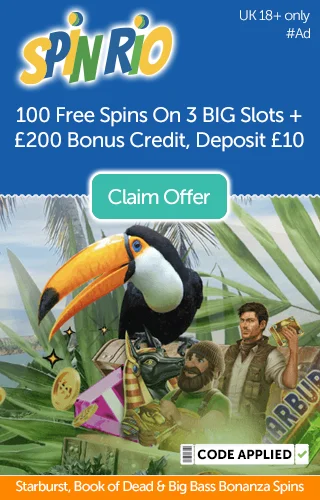 The Spinrio mascot Toucan plus images from Starburst, Book of Dead and Big Bass Bonanza—with promotional wording about 100 free spins on three popular slots plus £200 casino bonus from Spin Rio