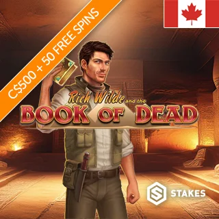 Book of Dead Slot Graphic with Bonus Credit and Free Spins Banner and Canadian Flag