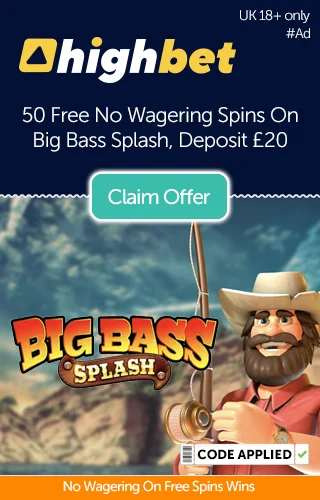 An Image Of The Big Bass Splash Slot Logo With A Banner Reading 50 Free No Wagering Spins From Highbet