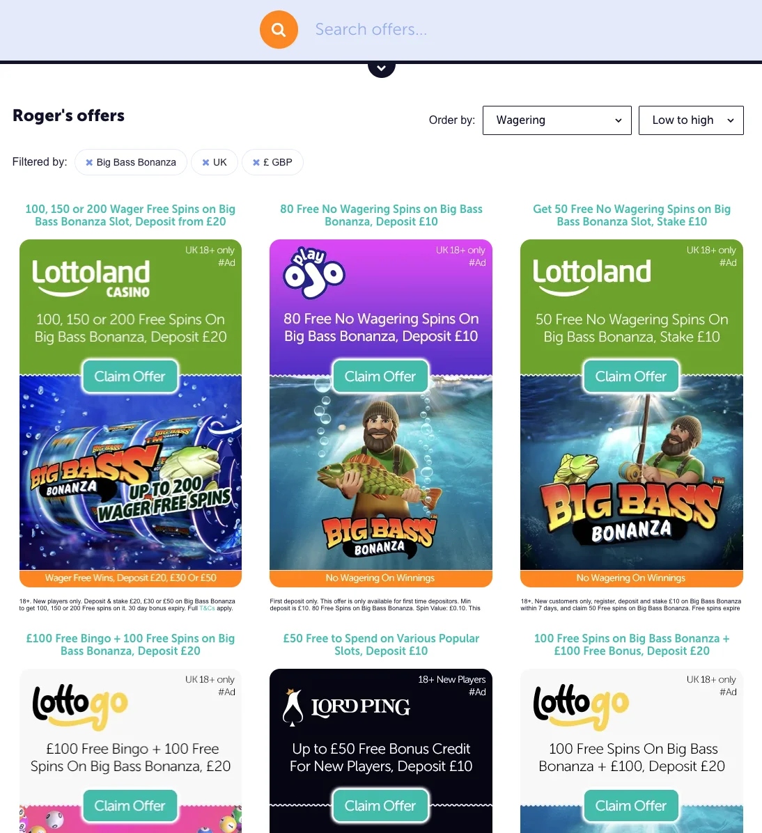 An Image of Roger.com’s Offers Page Filtering Out Big Bass Bonanza Free Spins Offers for UK Players