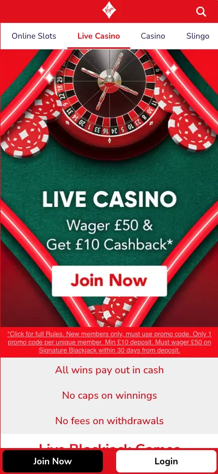 Virgin Games Live Casino Lobby Screenshot