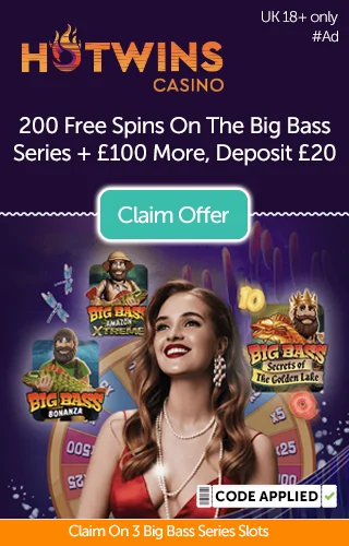 A Lady Representing Hotwins Casino and Their New 200 Free Spins on Big Bass Series Slots Offer for New UK Players A Lady Representing Hotwins Casino and Their New 200 Free Spins on Big Bass Series Slots Offer for New UK Players