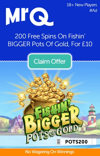 Fishin’ Bigger Pots Of Gold Logo With An Offer Of 200 Free Spins From Mrq