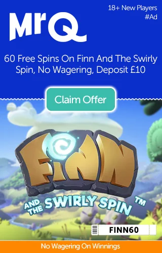 Finn And The Swirly Spin Logo With Promotional Text For 60 Free Spins No Wagering From Mrq