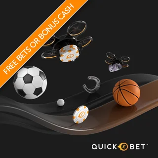 A free bets or bonus cash banner overlaying a collage of sports betting images such as soccer balls, basketballs, casino chips and horseshoes