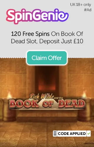 Book of Dead slot logo with promotional text advertising 120 free spins on Book of Dead when you deposit £10 from Spin Genie