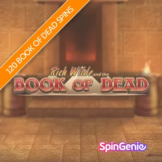 Promotional banner advertising 120 free spins on Book of Dead slot from Spin Genie overlaying Book of Dead slot logo and Spin Genie logo