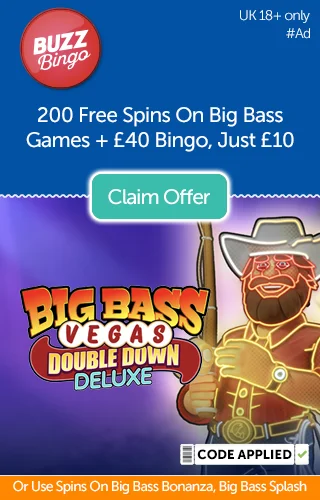 Big Bass Vegas Double Down Deluxe logo with fishing character, plus promo for 200 free spins on Big Bass Games, plus £40 free bingo.