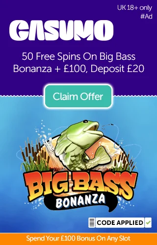 Promo From Casumo Offering 50 Free Spins On Big Bass Bonanza, Plus A £100 Bonus Credit With The Big Bass Bonanza Slot Game Logo