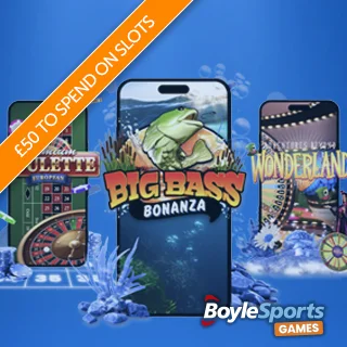 Boyle Sports Games logo overlaying three mobile phones, each displaying different online slot games, with a banner advertising £50 to spend on select slots