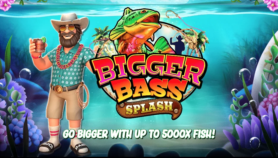 The Bigger Bass Splash fisherman dressed in a Hawaiian or Polynesian manner, holding a cocktail