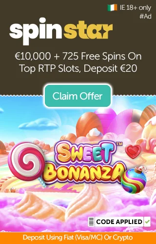Sweet Bonanza slot logo with colourful background and promo for €10,000 plus 725 free spins from Spinstar when you deposit €20