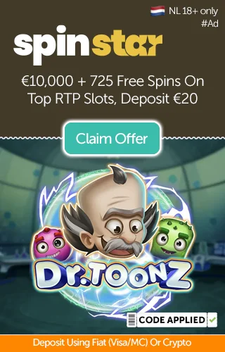 Dr. Toonz slot logo with a promotion for €10,000 plus 725 Free Spins On top RTP slots when you deposit €20 at Spinstar