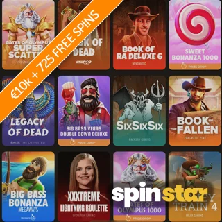 Spinstar slot lobby screenshot showing popular slots with Spinstar logo and banner promoting €10,000 and 725 free spins