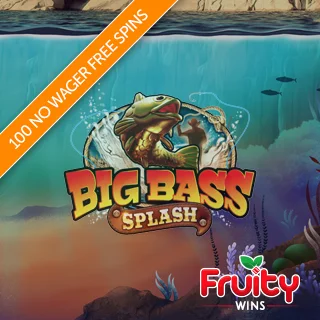 Fruity Wins logo set on top of the Big Bass Splash logo with underwater background scene and promo banner for 100 no-wager free spins on Big Bass Splash
