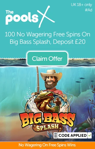 Big Bass Splash logo and protagonist fisherman with an offer promo text for 100 free no wagering spins from The Pools Casino