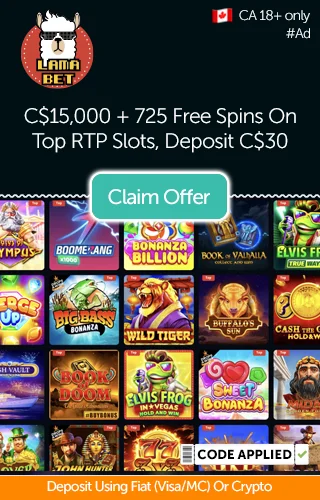 Lamabet casino slots lobby screenshot with a promo for C$15,000 and 725 free spins on big RTP slots